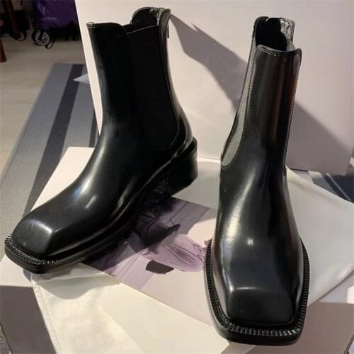 2020 New Black Genuine Leather Runway Design Ankle Boots Thick Heel Punk Boots Martin Chelsea Shoes Female
