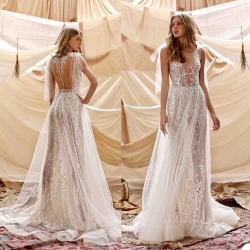 New Wedding Dresses Jewel Sleeveless Lace Applique Sequins Bridal Gowns 2020 Custom Made Sweep Train A Line Wedding Dress
