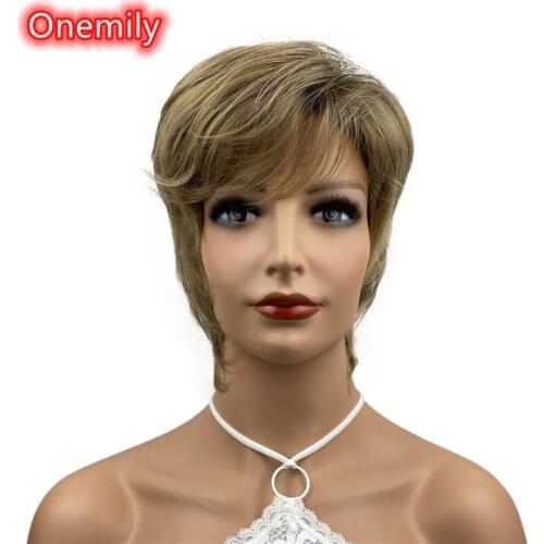 Onemily Short Straight Heat Resistant Synthetic Wigs for Women Girls with Bangs Cosplay Theme Party Evening Out Dating Golden