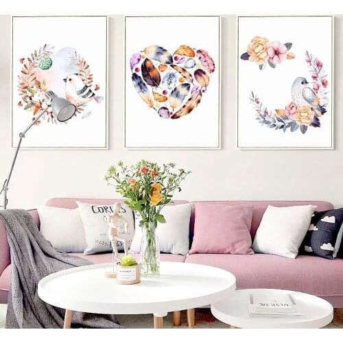 Prints Modular Pictures Nordic Style Poster Watercolor Bird On Wreath With Branches Feathers Wall Art Canvas Painting Home Decor