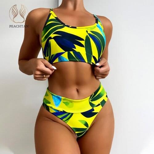Peachtan Sexy thong bikini 2021 Print swimsuit womens swimming suit Bandeau swimwear female String bathing suit biquini summer