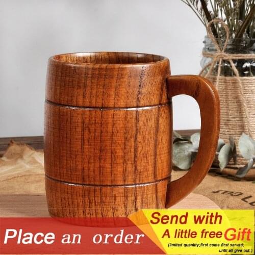 400ML Natural Wooden Beer Mug Retro Capacity Tea Water Beer Coffee Wood Cup Classic Wood Drinking Mug with Handle Wedding Party