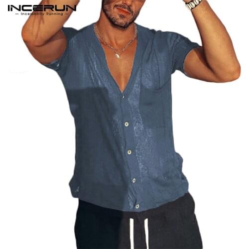 2021 Men Casual Shirt V Neck Button Streetwear See Through Pockets Short Sleeve Camisas Hombre Summer Thin Shirts S-5XL INCERUN