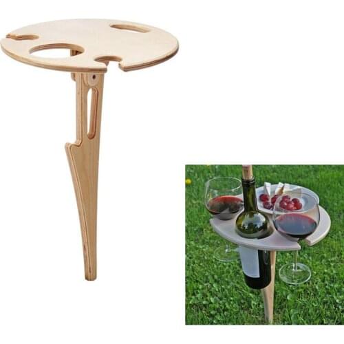 High Quality And Durable Outdoor Wine Table With Foldable Round Desktop Mini Wooden Picnic Table Easy To Carry Wine Rack