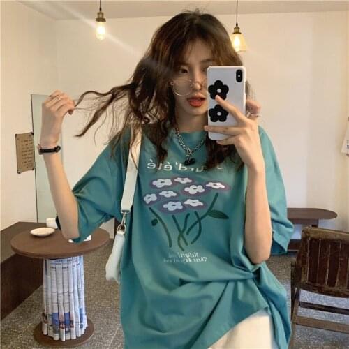 T-shirt Women Summer New All-match Short-sleeved T-shirt Round Neck Printing Loose Mid-length Top Women