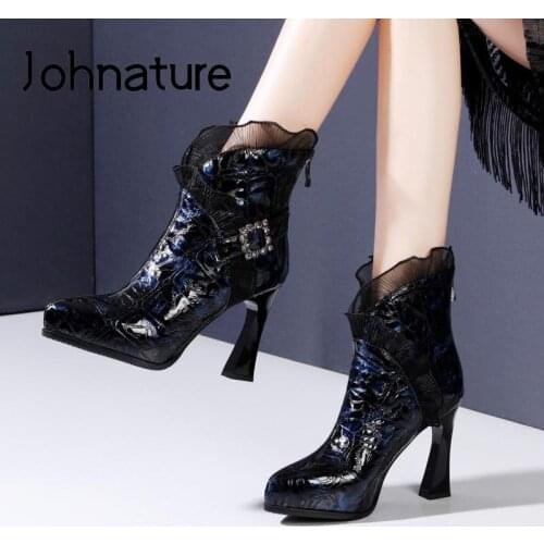 Johnature High Heel Boots Women Shoes 2021 New Winter Zip Warm Handmade Pointed Toe Sewing Lace Concise Leisure Platform Boots
