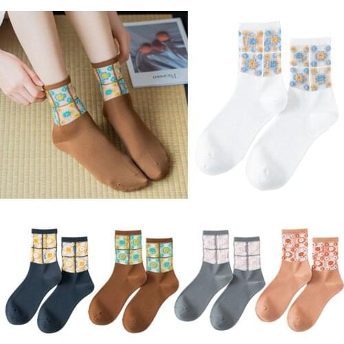 Korean Style Women Daisy Floral Patchwork Long Ankle Socks Transaprent Glass Fiber Mesh Ultra-Thin Jacquard Hosiery