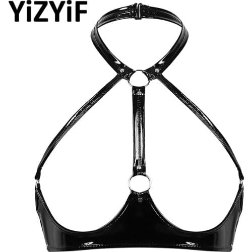 Women Wetlook PU Leather Latex Tops Sexy Lingerie Black Halter Open Cups Wire-Free Unlined Porno Bra Bralette Erotic Underwear