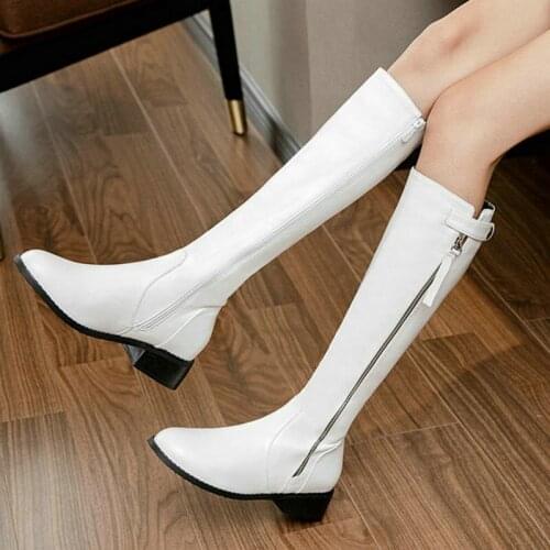 Womens Black White Knee High Boots Fashion Square Root Zipper Ladies Knight Boots Women Winter Warm Boots Large Size 34-43