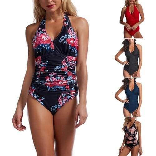 Womens Halter Sexy Deep V Pleated Triple-Cornered One-Piece Swimsuit