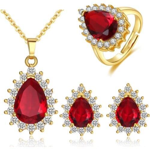 Fashion Gold/Silver Jewelry Sets for Women Red Crystal Zircon Pendant Necklace Stud Earrings Ring Sets Dropshipping Wholesale
