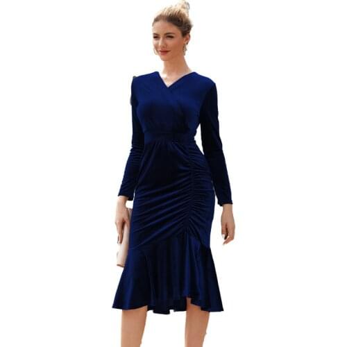 Ladies Autumn And Winter Elegant Velvet V-Neck Pleated Dress Sexy Slim Mid-Length get-together party Dress Dresses For Women