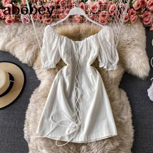 2021 Cross Bandage Bohemian slash neck Short Sleeve Femme Dresses white A LIne Vintage Sexy Party Dress Club Wear Vestidos