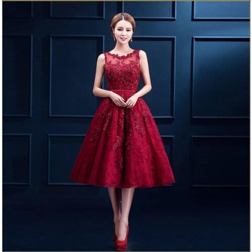 2018 Robe De Soiree New Wine Red Lace Embroidery Sleeveless A-line short Bridesmaid Dresses Elegant Party Formal Prom Dress