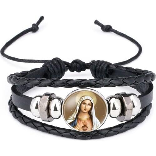 Christian Jesus Charm Black Leather Bracelet Adjustable Man Handmade Wristband Weave Bangle Bracelet Jewelry Bracelet for Christ