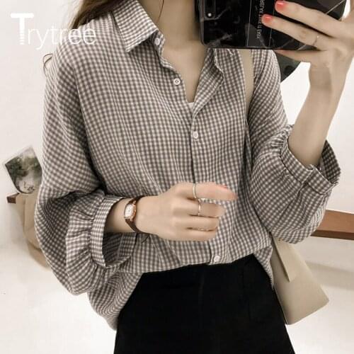 Trytree 2020 Spring Autumn Blouse Women Casual Turn-down Collar Single Breasted Plaid lantern Sleeve Loose Fashion Blouse Tops
