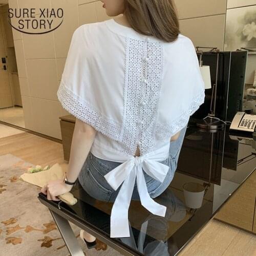 Blusa 2021 Summer New Hollow Out Korean Batwing Sleeve Embroidered Shirt Fashion Back Bow Elegant Womens Blouse Feminina 15070