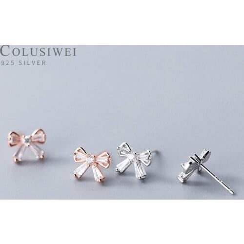 Colusiwei Clear CZ Sweet Lovely Bowknot Stud Earring for Women 925 Sterling Silver Korea Style Exquisite Ear Pin Fine Jewelry