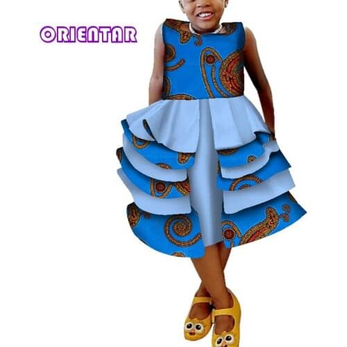 Summer Kids Girl Ball Gown African Dresses African Print Sleeveless Princess Dress Birthday Party Bazin Riche WYT297