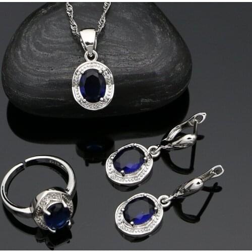 Silver 925 Jewelry Set for Woman Party Accessories Sapphire Earrings Chain Pendant Open Ring Silver Set