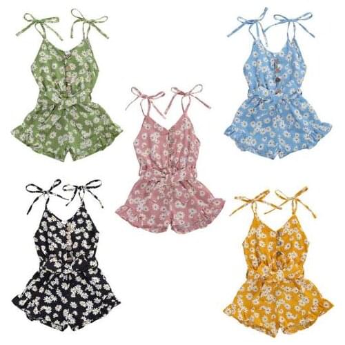 Baby Girls Kids Jumpsuits Summer Infant Sweet Floral Print V-Neck Straped Rompers Playsuits With Belt Clothing