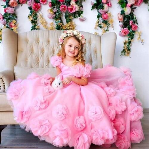 Cute Pink Flower Girl Dresses for Wedding Handmade Flowers Girls Birthday Party Dress Prom Wear First Communion Gowns