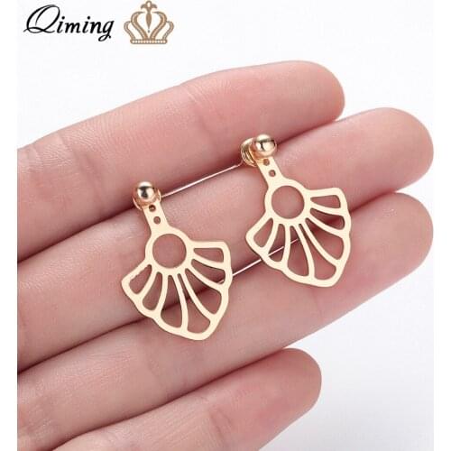 QIMING Trendy Gold Hollow Geometric Earrings Female Fashion Wholesale Jewelry Accessories Beads Ear Jacket Stud Earring Women