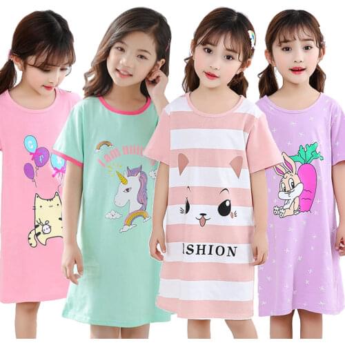 Kids Girls 100% Cotton Nightgown Cartoon Nightdress Girl Sleepwear Nightie Summer Short Sleeves Nightwear Children Clothes