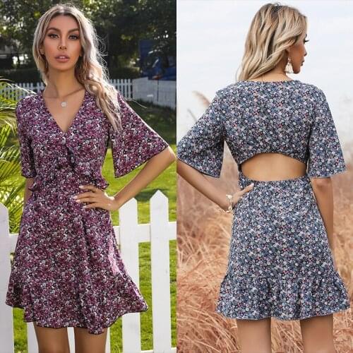 Dresses For Women 2021 Sexy V-Neck Print Hollow Short Sleeve Dress Slim Casual Summer Dress Vestido De Mujer Dames Kleding Robes