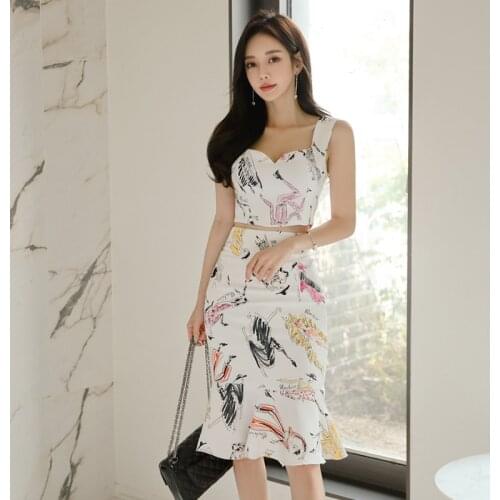 Korean Style Casual Two Piece Set Short Print Floral Tank Amd Corset Bodycon Midi Skirt Summer 2019 White 2 Piece Set Plus Size