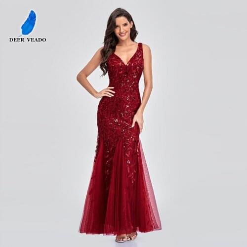 DEERVEADO Sexy Deep V Neck Mermaid Evening Dresses Long Occasion Party Dresses Sequins Elegant Formal Dress 2021 New H100