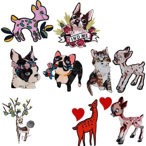Big Dog Garland Puppy Embroidery Deer Dog Rabbit Flower Applique Paillette Fabric Sweater Clothes Patch Sequined Sew on T-shirt