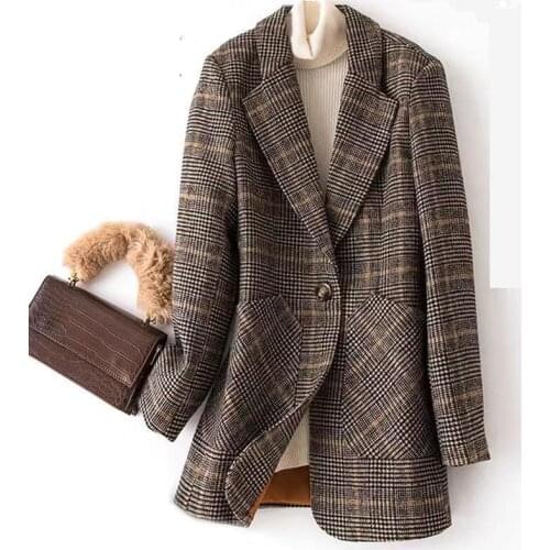 Vintage Plaid Blazer Jacket Women Spring Autumn Korean Fashion Slim Coat Plus size Single button Female Office Suit Casual Tops
