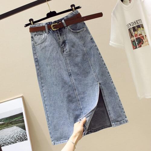 2021 New Spring Summer Vintage Women Denim Skirt High Waist Jeans Skirt Straight Female A-line Pencil Front Split Skirts Y227