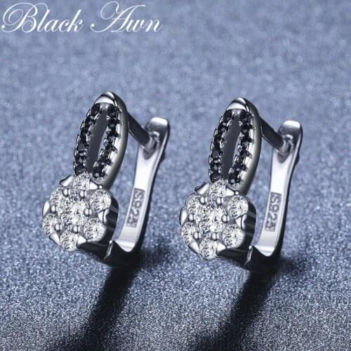 Trendy Genuine 925 Sterling Silver Jewelry Wedding Stud Earrings for Women Row Black&White Female Earring T214