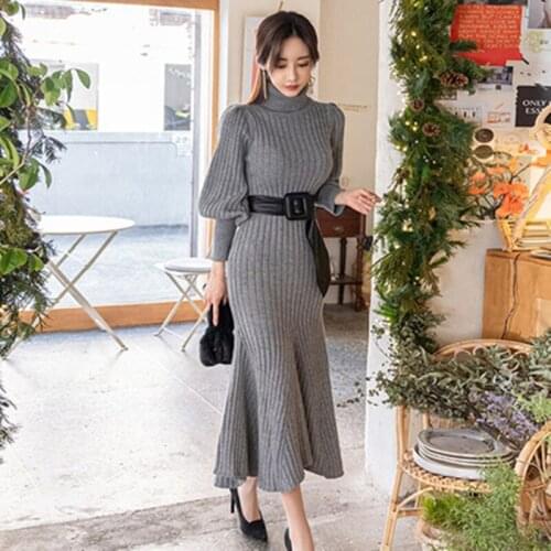 Chic Lantern Sleeve Long Knitted Dress Warm Winter Turtleneck Sweater Dress Slim Bodycon Mermaid Dress Women Vestido