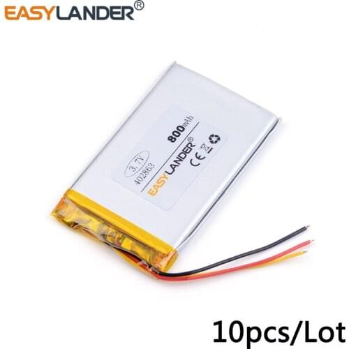 10pcs /Lot 3.7v lithium Li ion polymer rechargeable battery 402863 800MAH For MP3 GPS PSP DVD phone video game E-books