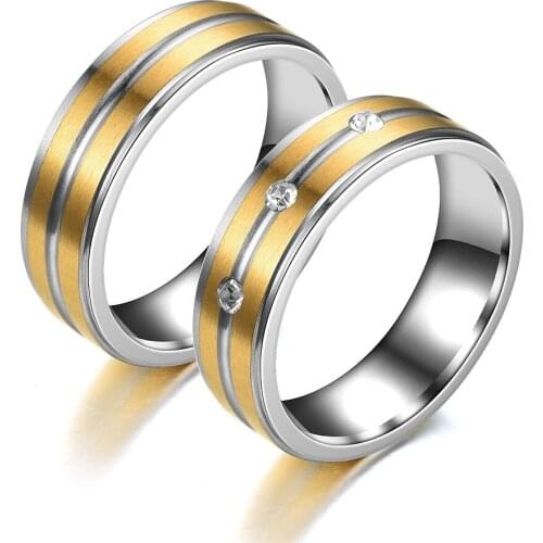 AsJerlya Trendy Wedding Bands Rings For Women Men Love Gift Gold-color Stainless Steel Crystal Promise Couple Rings Jewelry