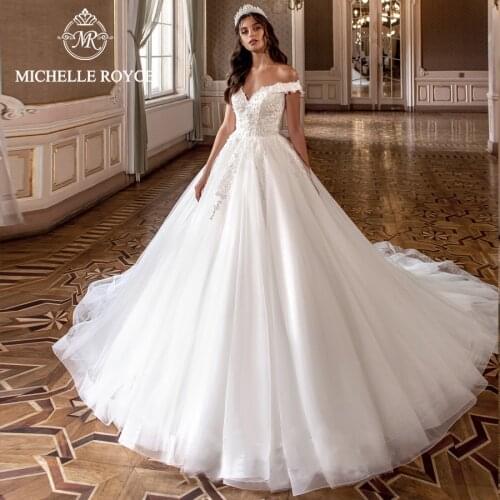 Michelle Royce Ball Gown Wedding Dresses 2020 V-Neckline Off the Shoulder Appliques Chapel Train Bridal Gowns Vestido De Noiva