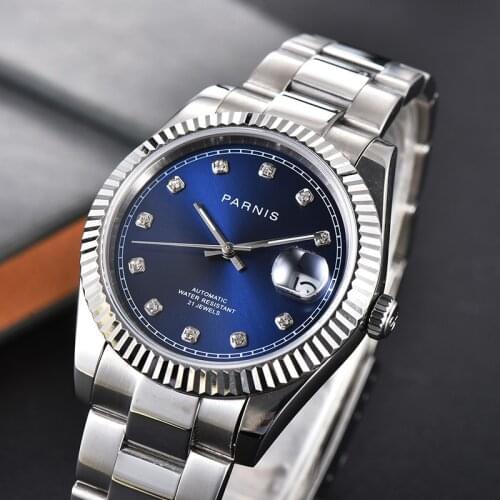 Parnis 39.5mm Blue Dial Miyota 8215 Movement Mens Watches Calendar Automatic Mechanical Men Wristwatch 20mm Bracelet man clock