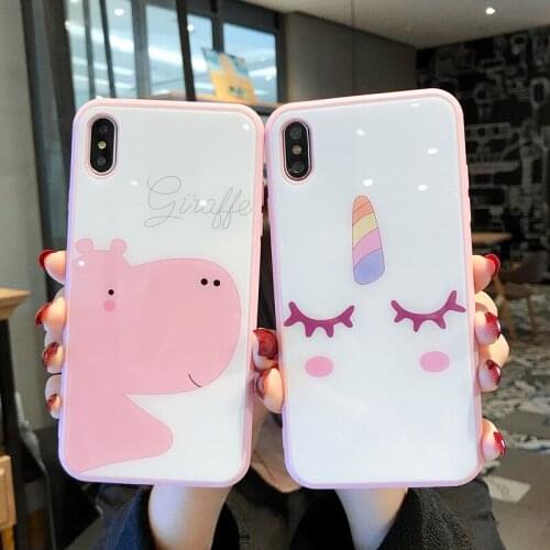 PEIPENG Cute cartoon pink hippo case For iPhone 7 7Plus 6 6S 6Plus 8 8Plus X XR XS Max TPU Anti-fall Glass phone case