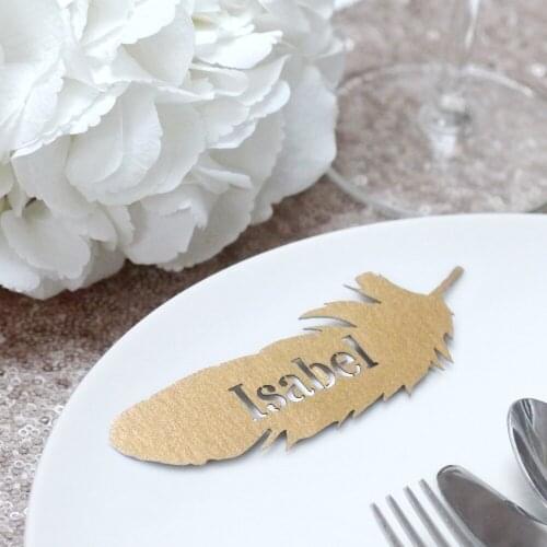 Laser cut gold name Feather Place Cards,party supplies, Escort table cards, Elegant food tents,table cards