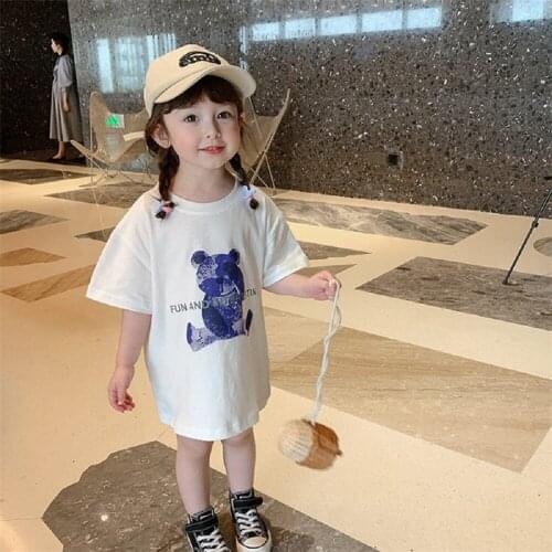 Baby Grils T-Shirt Summer Princess Cartoon Bear Short Sleeves Cotton Casual Dress Children Korean StyleLoose Clothes