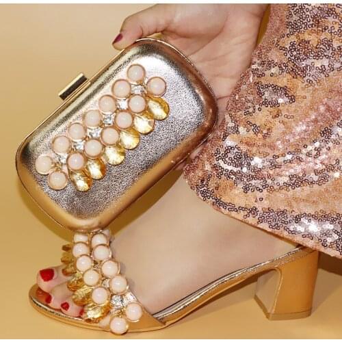 Beautiful champagne women pumps with big crystal and beads decoration african dress shoes match handbag set V56896-2,heel 5CM