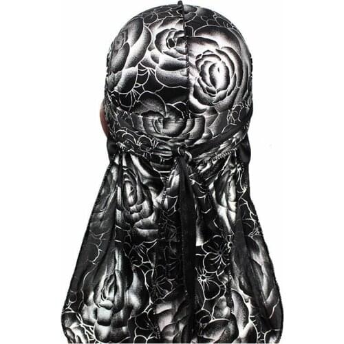 2019 Mens Silky Durags Turban Hat Bandanas Rose Floral Print Men Satin Durag Long Straps Waves Cap Hair Accessories Do DuRag