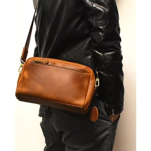 Vintage Handmade Crazy Horse Leather Men Crossbody Bag Genuine Leather Shoulder Bags