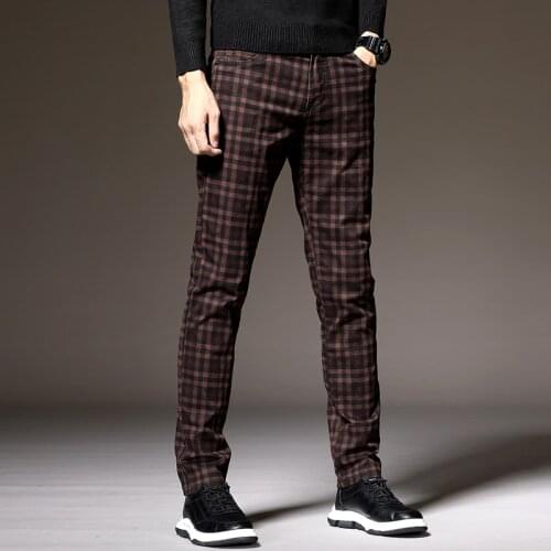 Mens Plaid Pants Dress Classic Formal Slim Fit Casual 2021 Autumn Cotton Stretch Black Work Office Youth Fashion Trousers Male