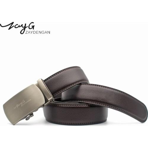 ZAYG Mens High Quality Genuine Leather Belts For Men Simple Automatic Buckle Belts Brown Belt Pure Color Mens Businessstyle