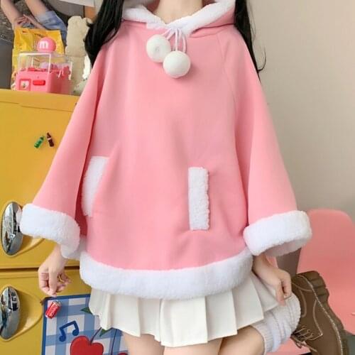 Autumn and Winter Japanese Style Cute Woolen Hooded Fleece-Lined Thermal Head Cover Cape Sweater Coat Cloak Outerwear Women