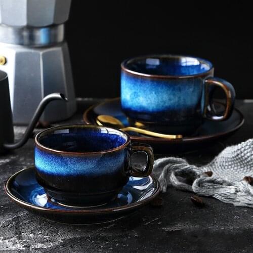 Distinguished 100ml-180ml Coffee Cup&Saucer Set Ceramic Mug Milk Cup Cats Eye Blue Breakfast Cup Dessert Dish Vintage Tableware
